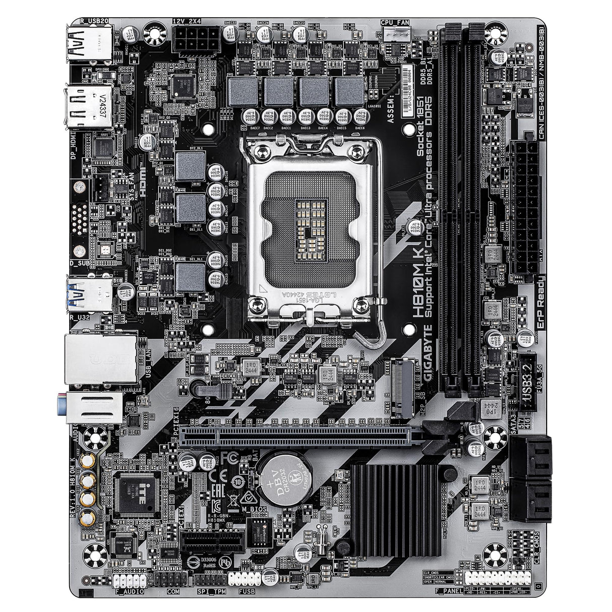 GIGABYTE H810M K Placa Base – Procesadores Intel Core Ultra (Serie 2), VRM de 3+1+2 Fases, hasta 6400 MHz DDR5, 1 x M.2 PCIe 4.0, LAN 1 GbE, USB 3.2 Gen 1