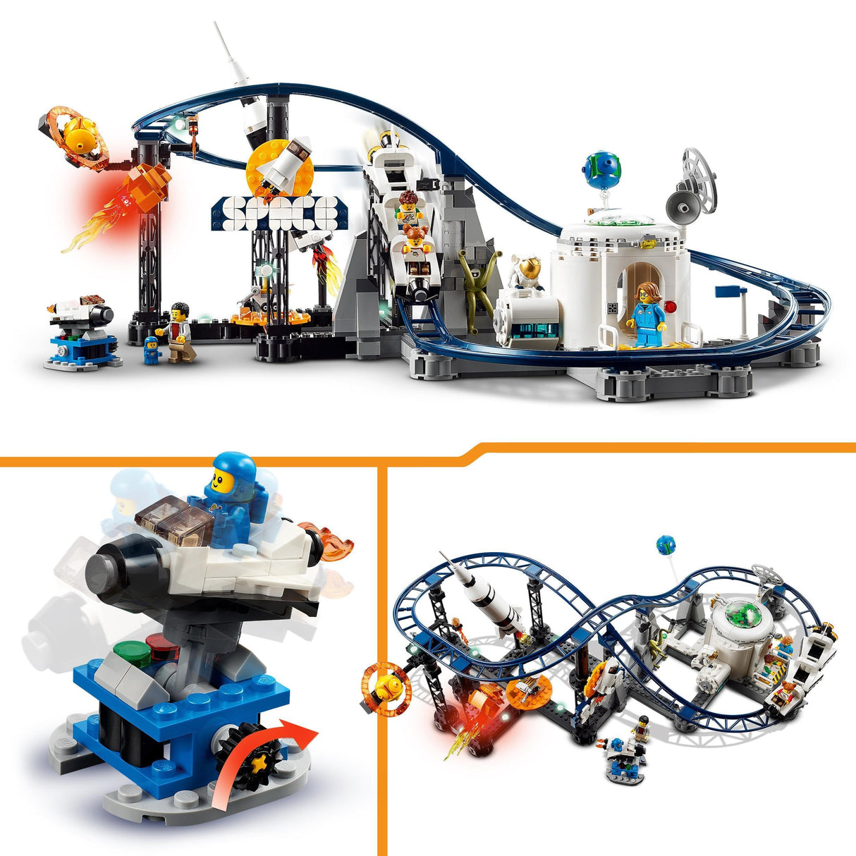 LEGO 31142 Creator 3en1 Montaña Rusa Espacial, Torre de Caída Libre o Tiovivo, Maqueta de Parque de Atracciones, Juguete de Construcción con Cohete Espacial, Planetas y Ladrillos Luminosos