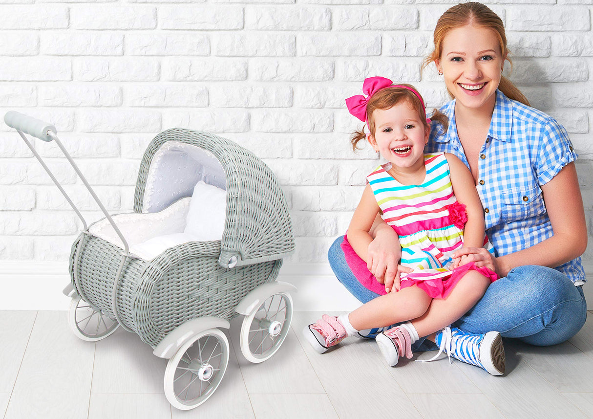 small foot 8771-Cochecito de bebé de Mimbre Ropa de Cama Blanca para Mayores de 3 años Cochecito de muñecas, Color Gris, 513252 cm (8771)