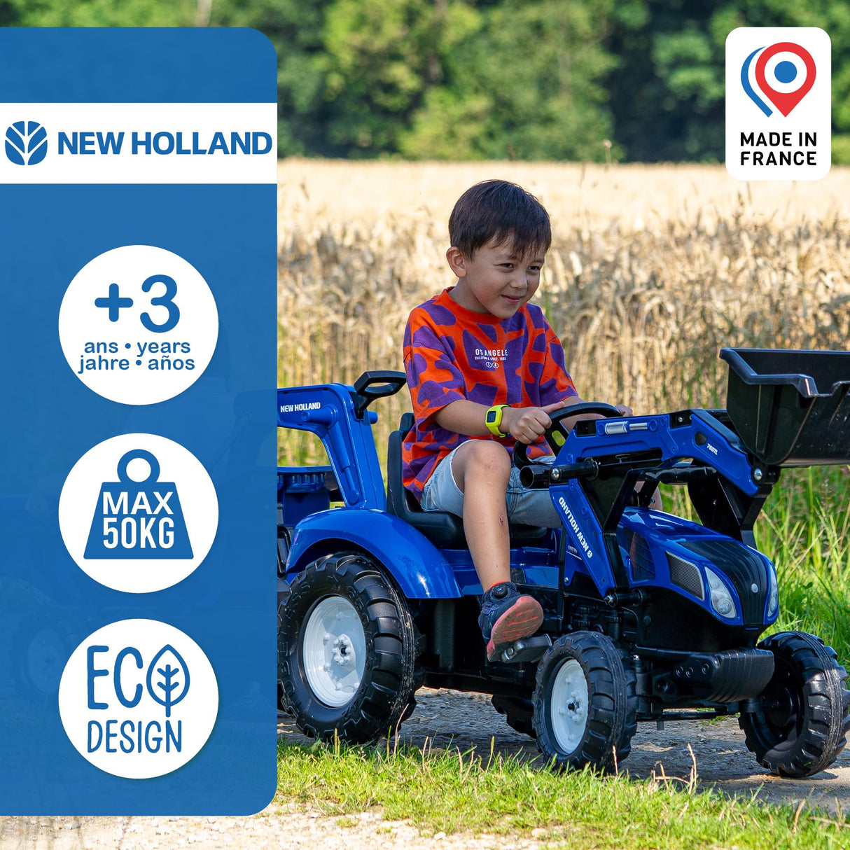 FALK - Retroexcavadora de Pedales New Holland con Excavadora y Remolque basculante - A Partir de 3 años - Fabricada en Francia - Asiento Giratorio - 3090W