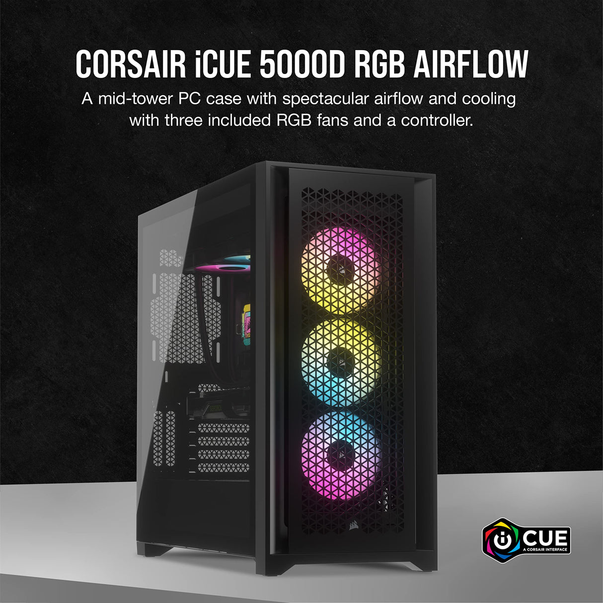 Corsair Semitorre iCUE 5000D RGB Airflow, 3 Ventiladores AF120 RGB Elite - Controlador iCUE Lighting Node Pro - Diseño de Alto Flujo de Aire - Negro