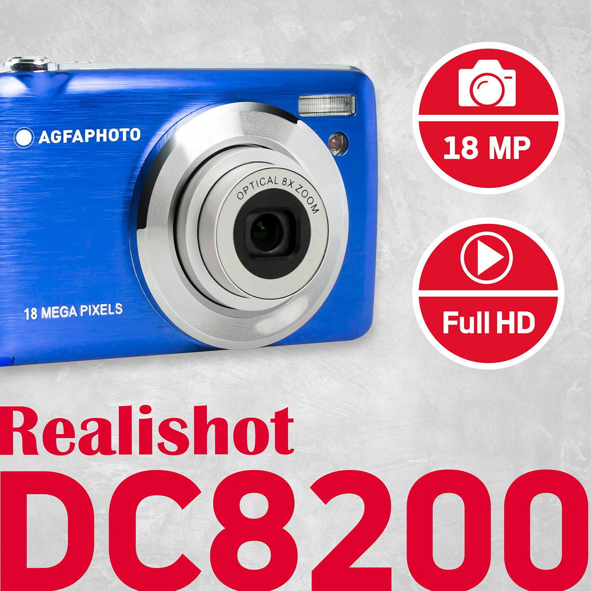 AGFA Photo Realishot DC8200 - Cámara Digital Compacta, 18MP, Video Full HD, Pantalla LCD 2.7'', Zoom Óptico 8X, Batería de Litio y Tarjeta SD de 16GB - Azul