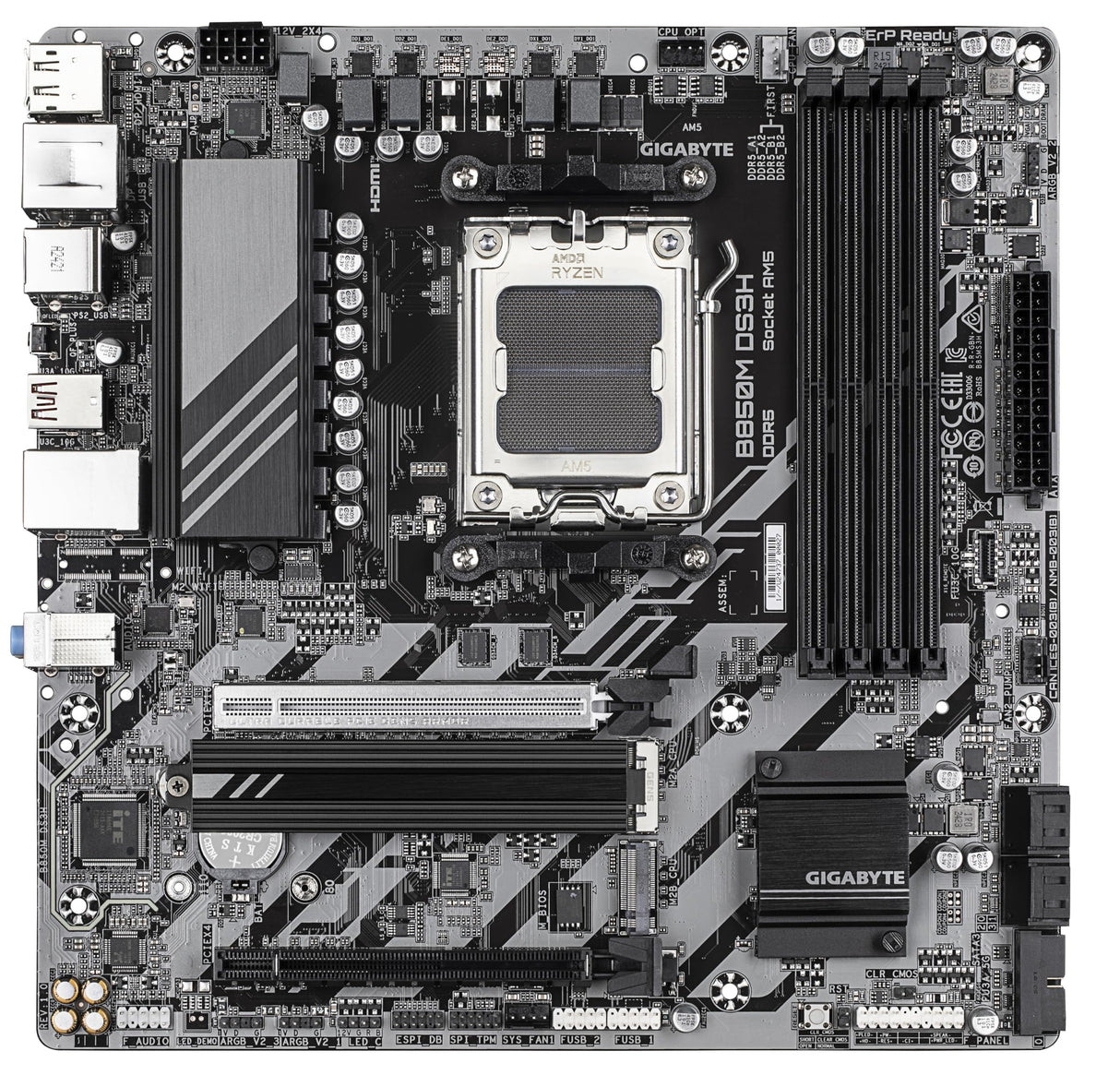 GIGABYTE B850M DS3H Placa Base - Procesadores AMD Ryzen Serie 9000, 16+2+2 Fases VRM Digitales, hasta 8200MHz DDR5 (OC), 1xPCIe 5.0 + 1xPCIe 4.0 M.2, LAN 2.5, USB 3.2 Gen 2