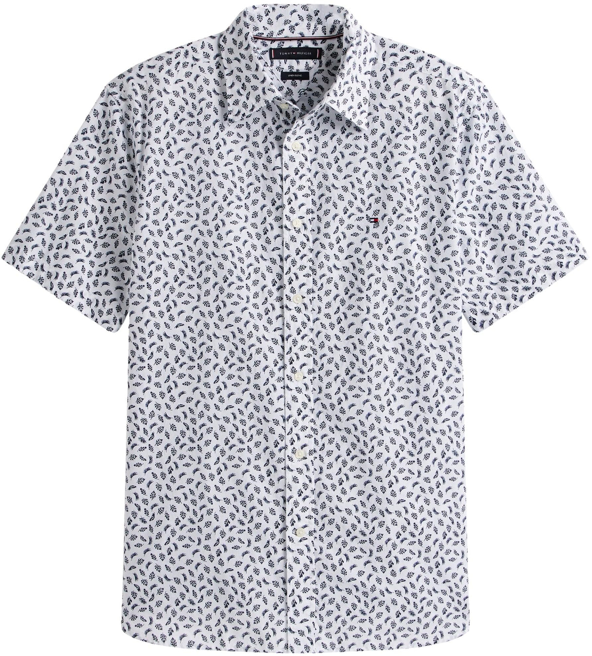 Tommy Hilfiger Camisa Hombre Linen Blend Manga Corta, Multicolor (White/Preppy Navy), M