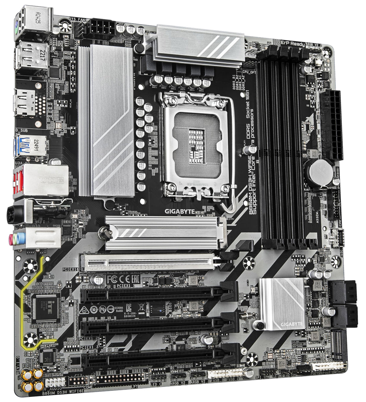 GIGABYTE B860M DS3H WIFI6E Placa Base - CPUs Intel Core Ultra, VRM de 5+1+2+1 Fases, hasta 9066MHz DDR5, 1xPCIe 5.0 + 1xPCIe 4.0 M.2, LAN 2,5 GbE, WiFi 6E, USB 3.2 Gen 2