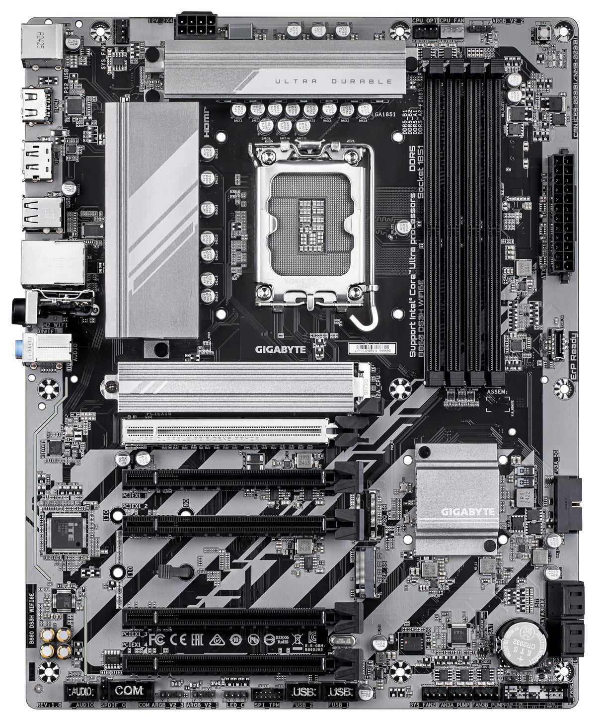 GIGABYTE B860 DS3H WIFI6E Placa Base - CPUs Intel Core Ultra, VRM de 8+1+2+2 Fases, hasta 9066MHz DDR5, 1xPCIe 5.0 + 1xPCIe 4.0 M.2, LAN 2,5 GbE, WiFi 6E, USB 3.2 Gen 2x2