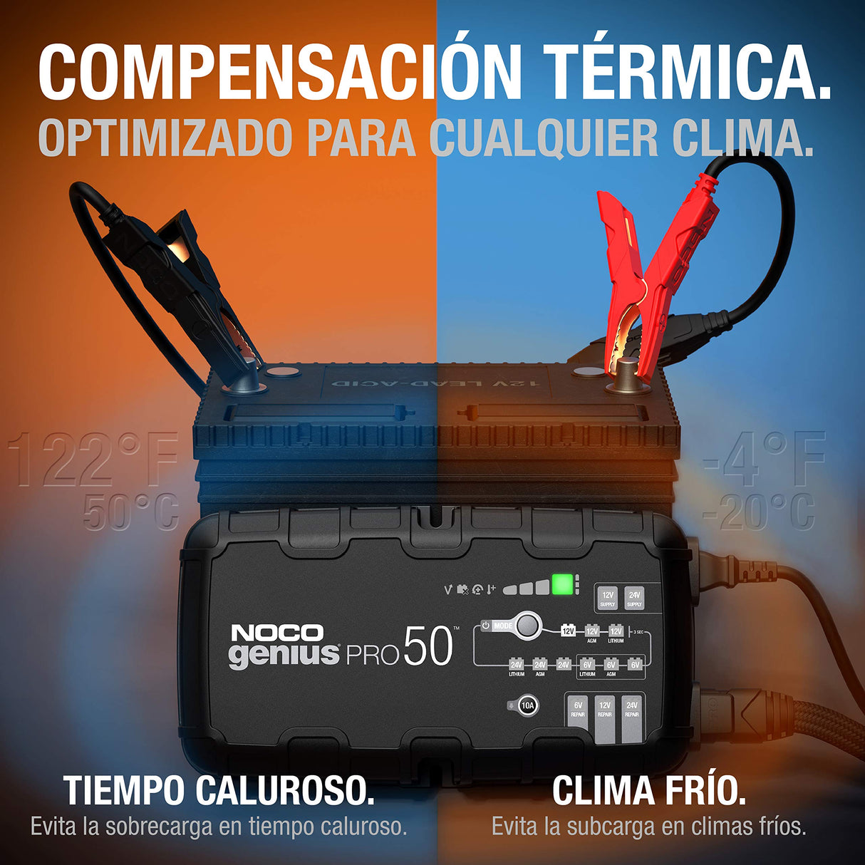 NOCO GENIUSPRO50: Cargador de Batería Profesional 50A, 6V, 12V y 24V, Mantenedor y Desulfatador para Baterías de Plomo-Ácido y Litio