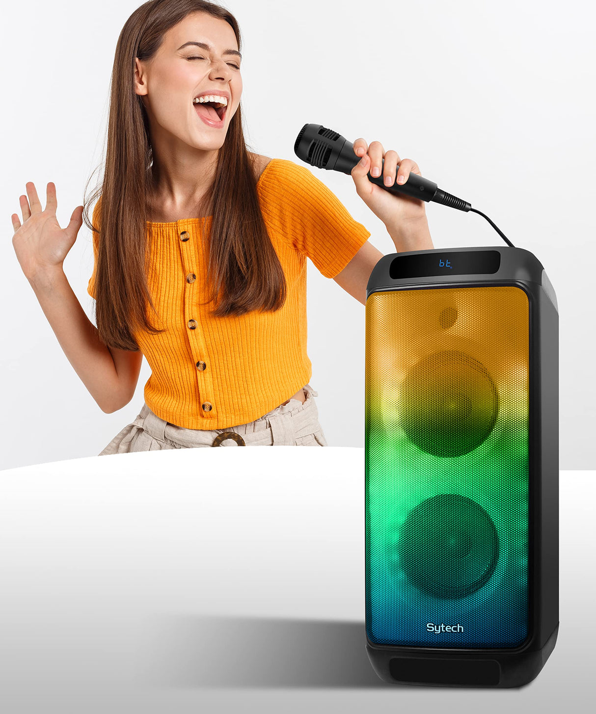 Sytech Altavoz Serie ledflow, 2 x 6,5", 60w. rms, RGB Flame, Recargable, USB, TF, FM, TWS