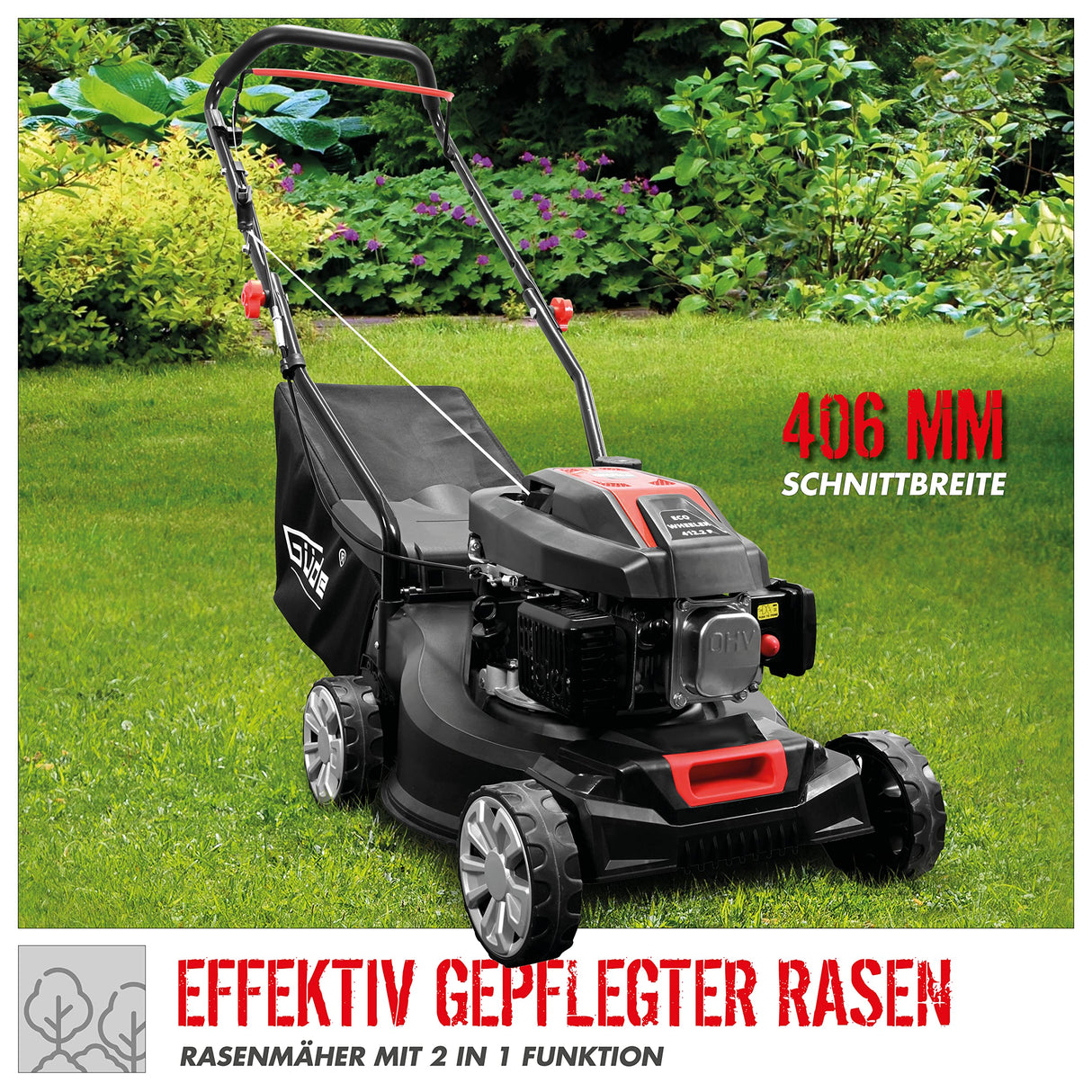 Güde Cortacésped Eco Wheeler 412.2 P (Motor: 4 Tiempos Power Engine S 241 V, Potencia del Motor: 1,5/2 kW/PS), cilindrada: 79,8 cm³, Ancho de Corte: 40,6 cm, Bolsa de Hierba de 40 l, Ajuste de Altura