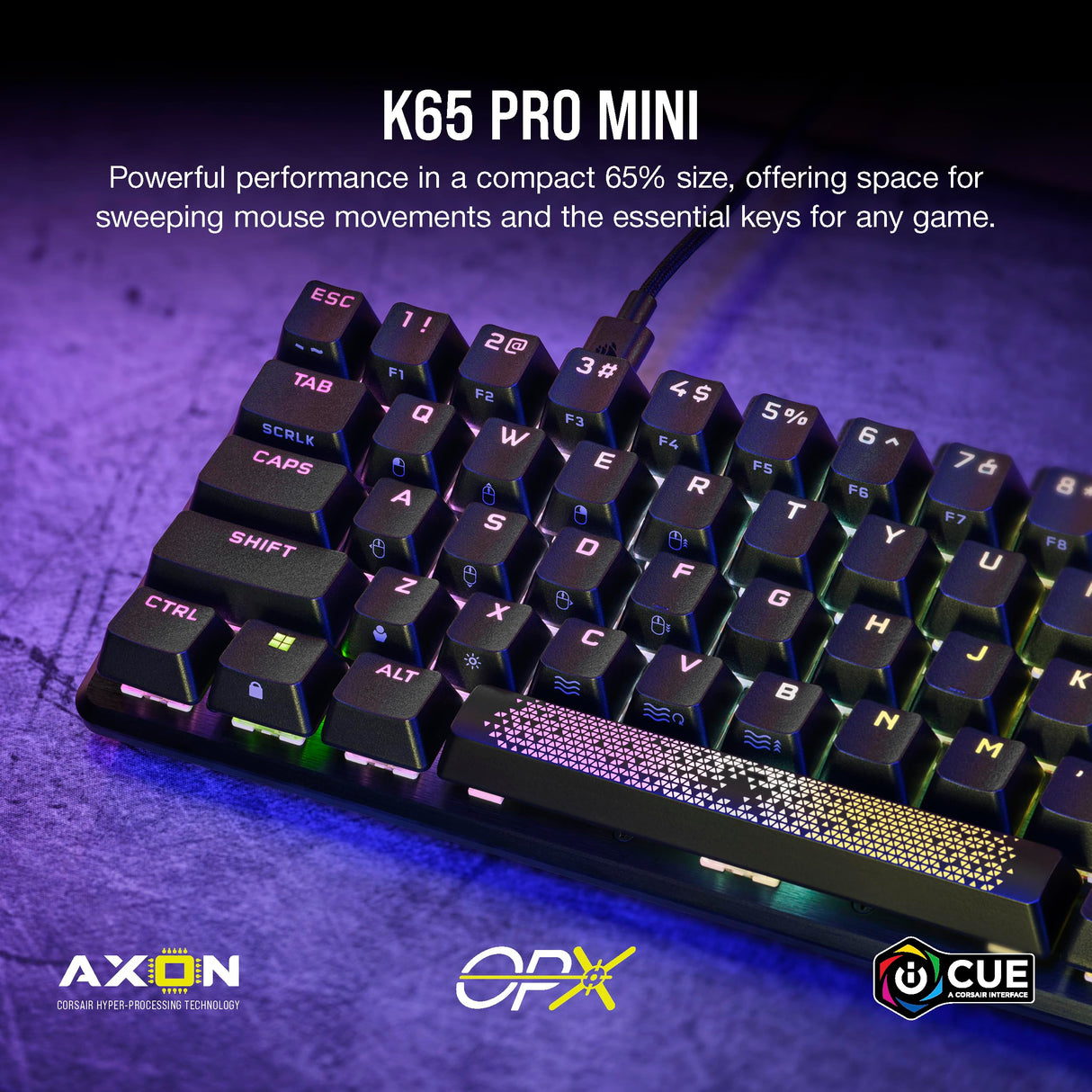 Corsair K65 Pro Mini RGB 65% Teclado óptico para Juegos mecánicos - Interruptores OPX - Teclas de Doble Disparo PBT - Compatible con iCUE - QWERTY NA Layout - Negro