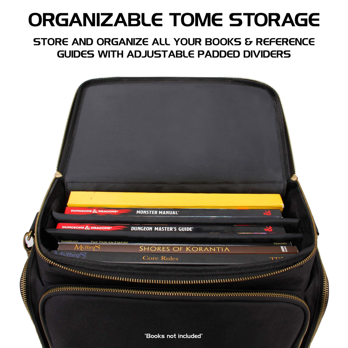 ENHANCE - Bolsa de Viaje RPG para Juegos de Mesa con Mazmorras y Dragones y Figuras, Bolsa de Transporte Acolchada con múltiples Compartimentos para Libros (4 a 8) y Bolsillo para Dados y fichas