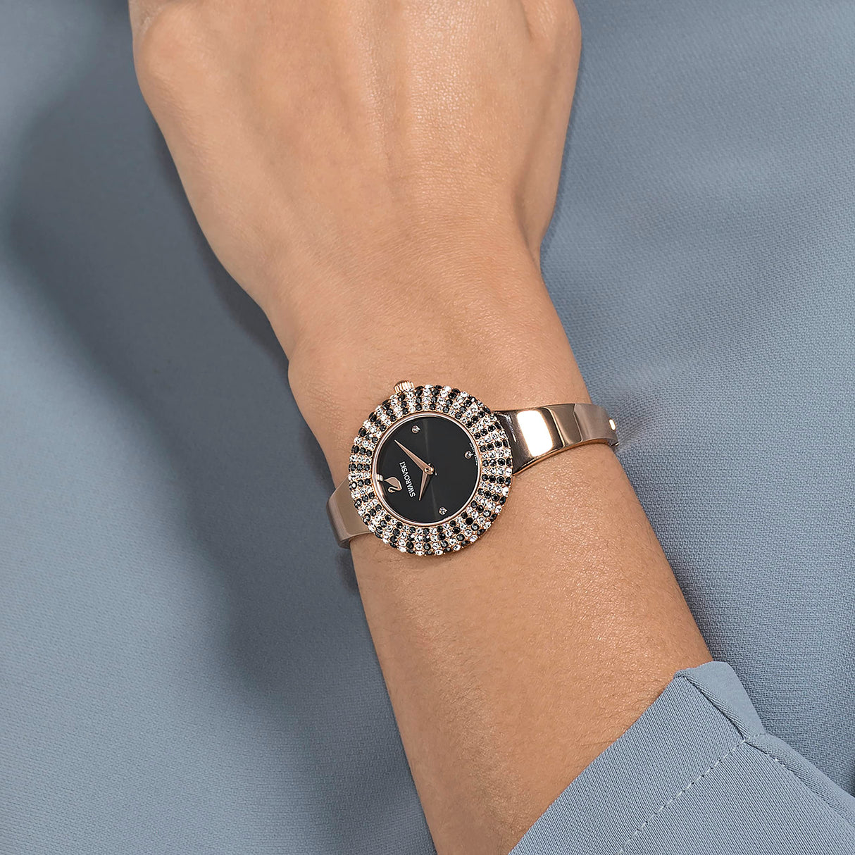 Swarovski Reloj Crystal Rose, Brazalete de Metal, Negro, PVD en Tono Oro Rosa