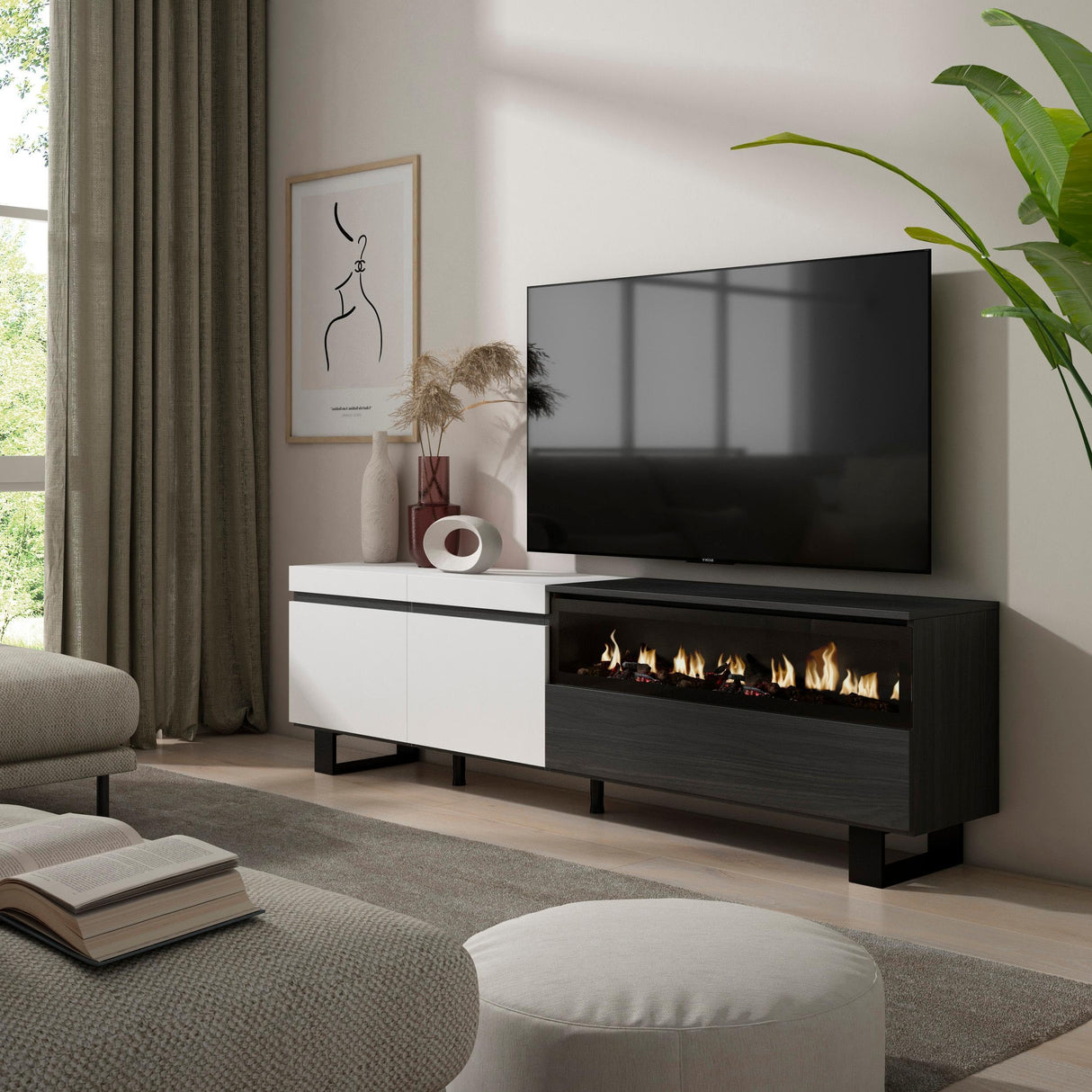 Skraut Home | Mueble TV | Televisión | Muebles de salón, almacenaje | 200x57x35cm | para TV hasta 80" | Chimenea eléctrica | Diseño Industrial | Estilo Moderno | Blanco y Negro