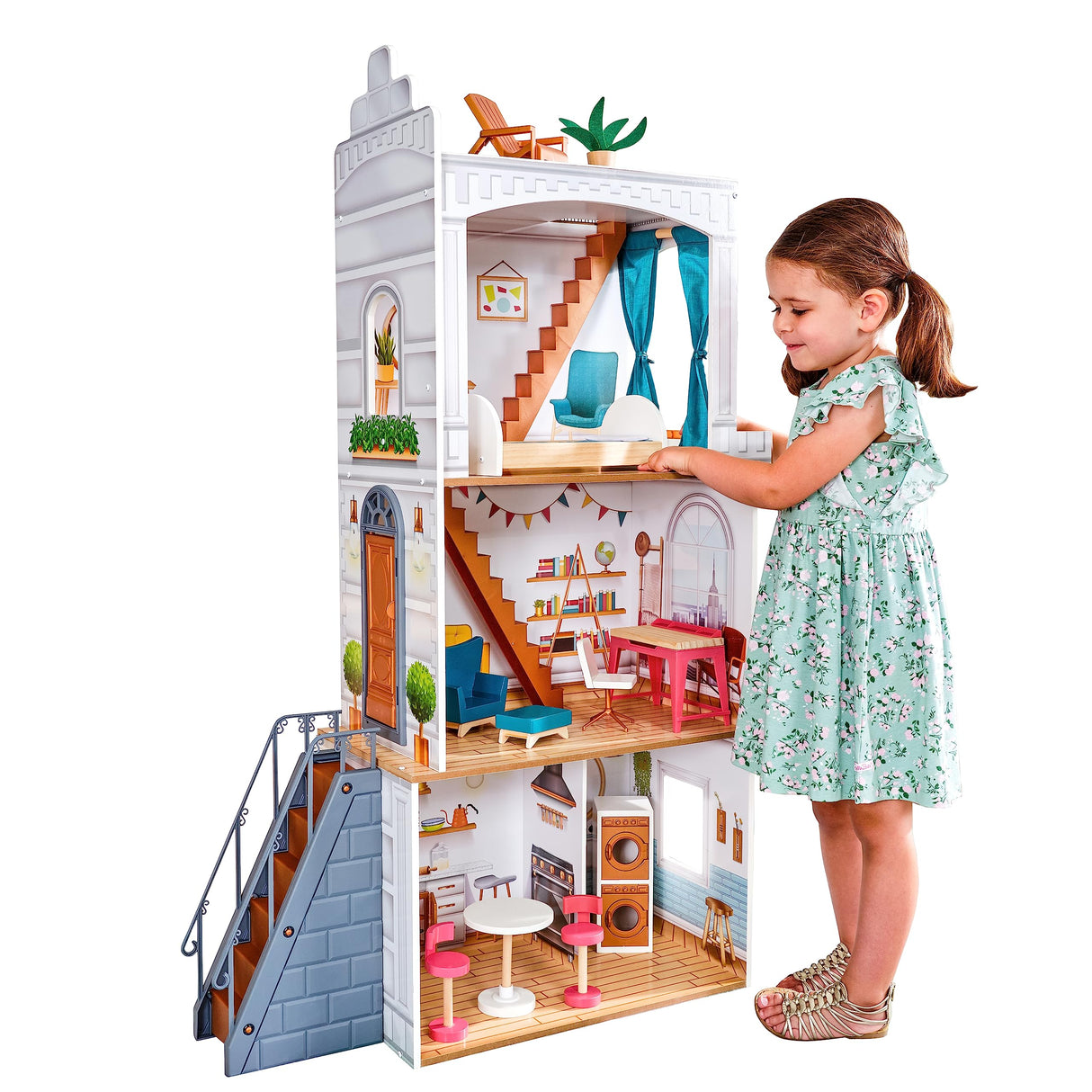 KidKraft Casa de muñecas de Madera Rowan con Muebles y Accesorios incluidos, Casita de Juguete con terraza, 4 Niveles de Juego, Juguetes niños y niñas Desde 3 años (10238)