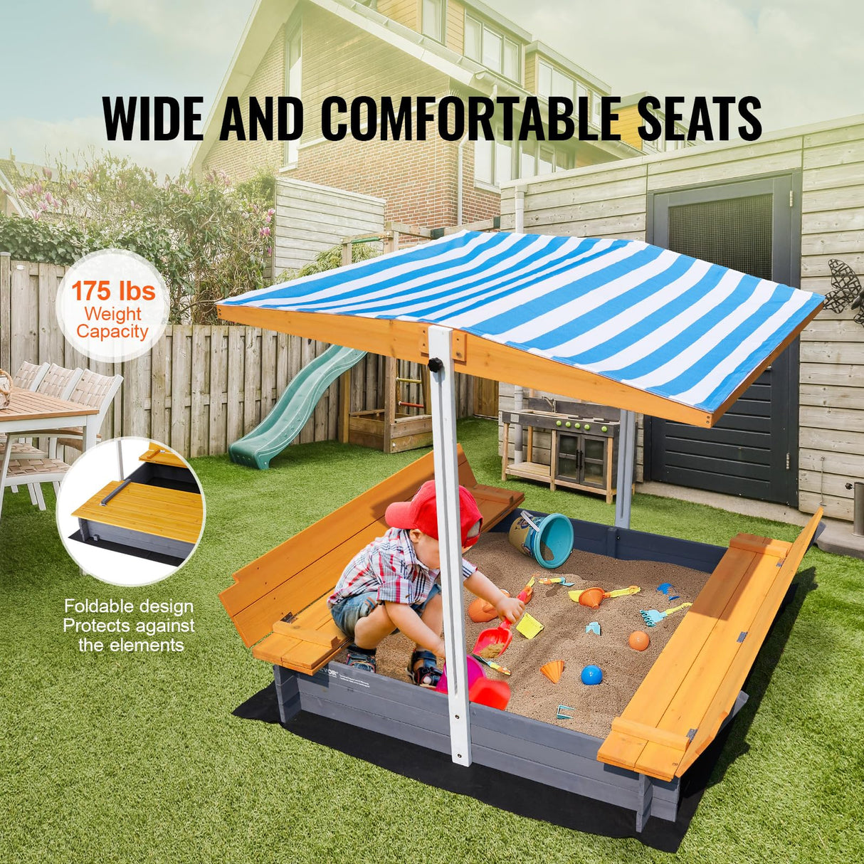 VEVOR Caja de Arena de Madera con Dosel, 145,5 x 120 x 120 cm, Arenero con Bancos Plegables y Revestimiento Inferior Caja de Arena para Niños de 3 a 12 Años para Exteriores, Patio, Playa, Parque