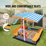 VEVOR Caja de Arena de Madera con Dosel, 145,5 x 120 x 120 cm, Arenero con Bancos Plegables y Revestimiento Inferior Caja de Arena para Niños de 3 a 12 Años para Exteriores, Patio, Playa, Parque
