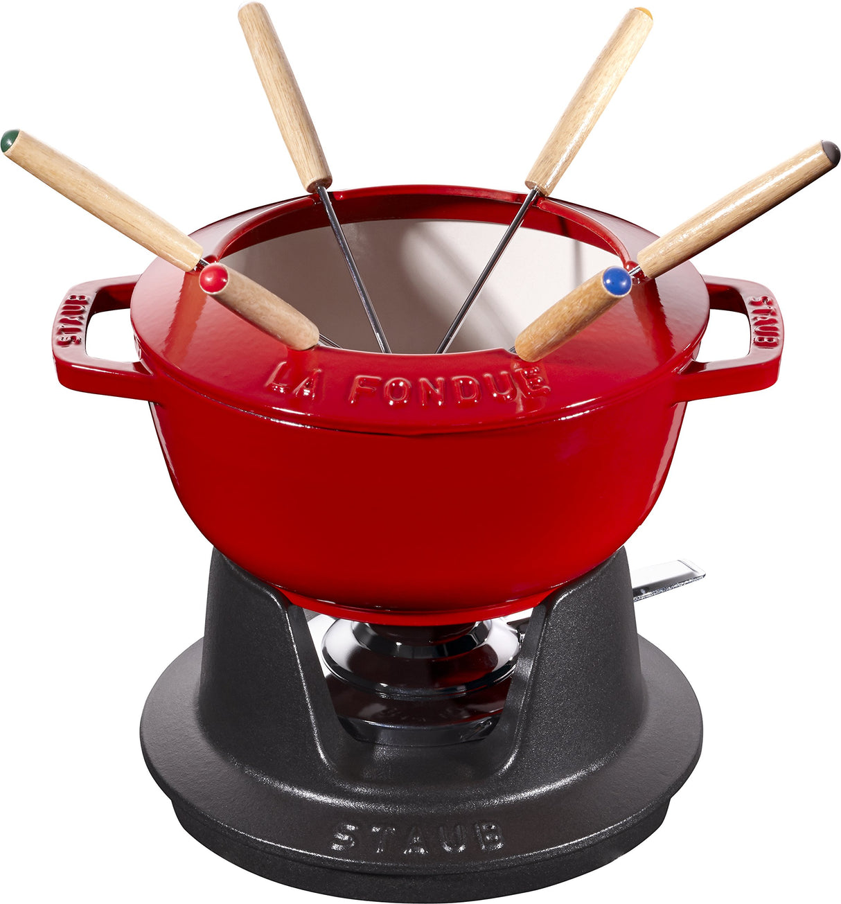 STAUB Juego de fondue con 6 tenedores, para fondue de queso, chocolate y carne, Hierro fundido, Rojo cereza, 18 cm