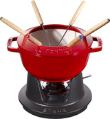 STAUB Juego de fondue con 6 tenedores, para fondue de queso, chocolate y carne, Hierro fundido, Rojo cereza, 18 cm