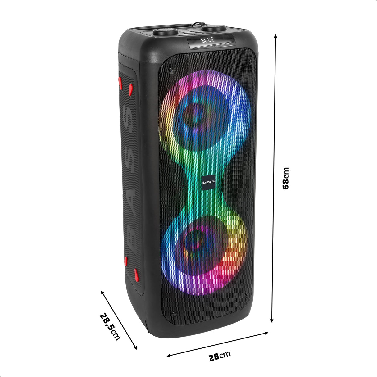 Ibiza - COLUMBA700 - Potente altavoz Bluetooth para karaoke con LED, TWS, USB-C, prioridad de micrófono - 2 entradas de micrófono, grabación, efectos de luz - USB, MicroSD - Negro