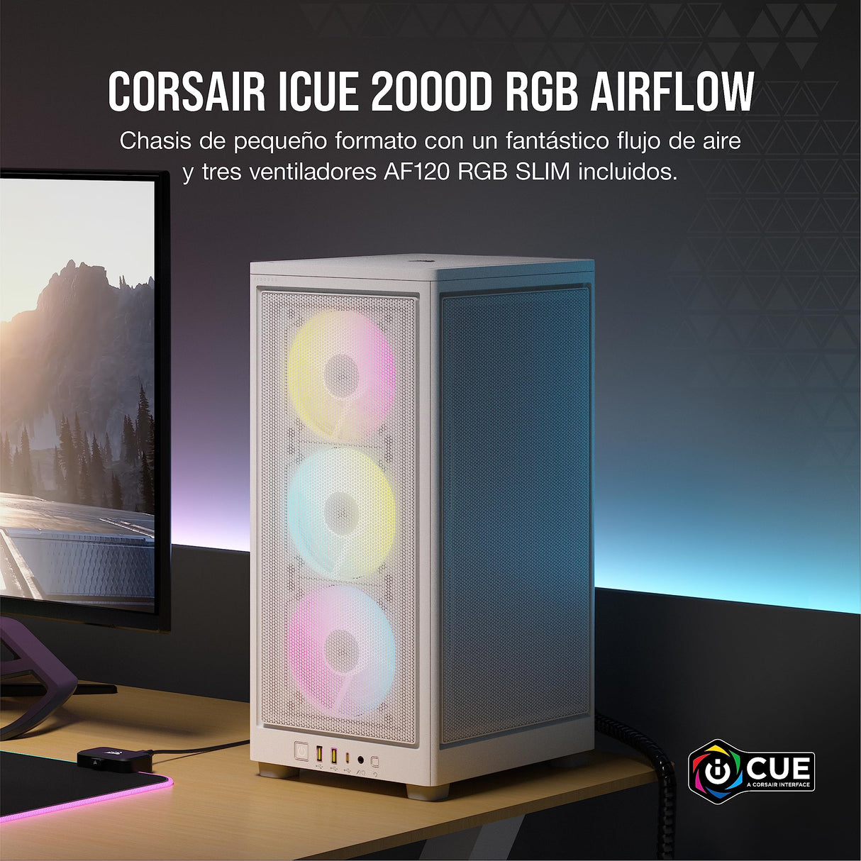 Corsair iCUE - Carcasa para PC 2000D RGB Airflow Mini-ITX - Factor de Forma Mini-ITX - Paneles de Malla de Acero - Soporte de GPU de Tres Ranuras - 3 Ventiladores AF120 RGB Slim incluidos -