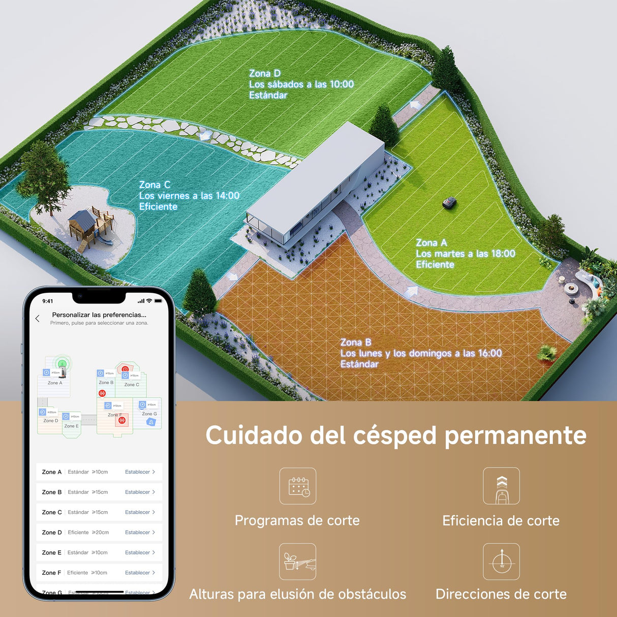 Mova 1000 Robot Podador, Configuración Inalámbrica UltraView™ y Mapeo Preciso de hasta 1000 m², Evasión de Obstáculos Inteligente, Ruedas Todoterreno Mejoradas, Corte en Forma de U, Carga Rápid