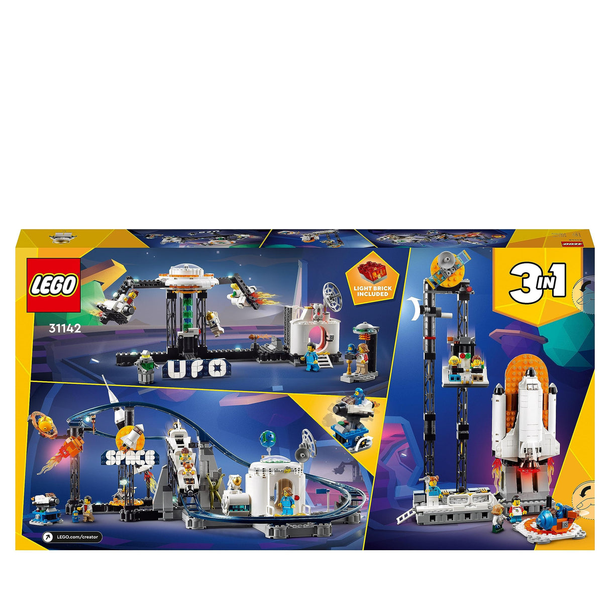 LEGO 31142 Creator 3en1 Montaña Rusa Espacial, Torre de Caída Libre o Tiovivo, Maqueta de Parque de Atracciones, Juguete de Construcción con Cohete Espacial, Planetas y Ladrillos Luminosos