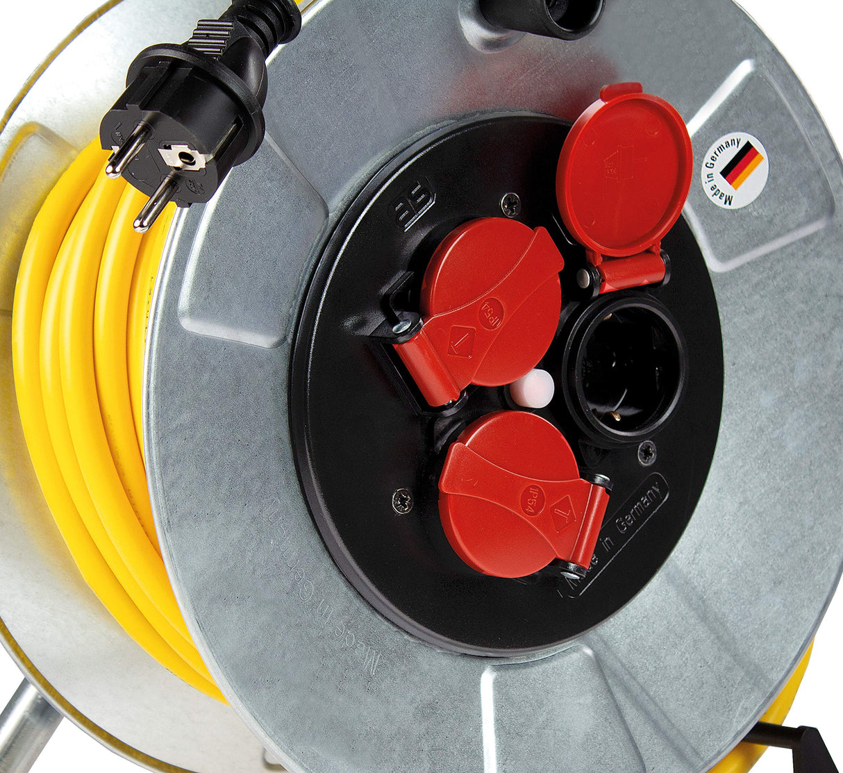 as - Schwabe enrollacables con cable de 33 m - 3 tomas con tapas de protección - Protegido frente a salpicaduras de agua IP44 - Protección contra sobrecalentamiento - Carrete Made in Germany, 10347