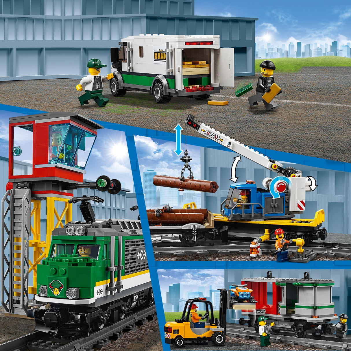LEGO City Tren de Mercancías con Vehículo Teledirigido - Camión de Juguete, Carretilla Elevadora, 32 Piezas de Vía y & Minifiguras - Regalo para Niños y Niñas de 6+ Años 60198