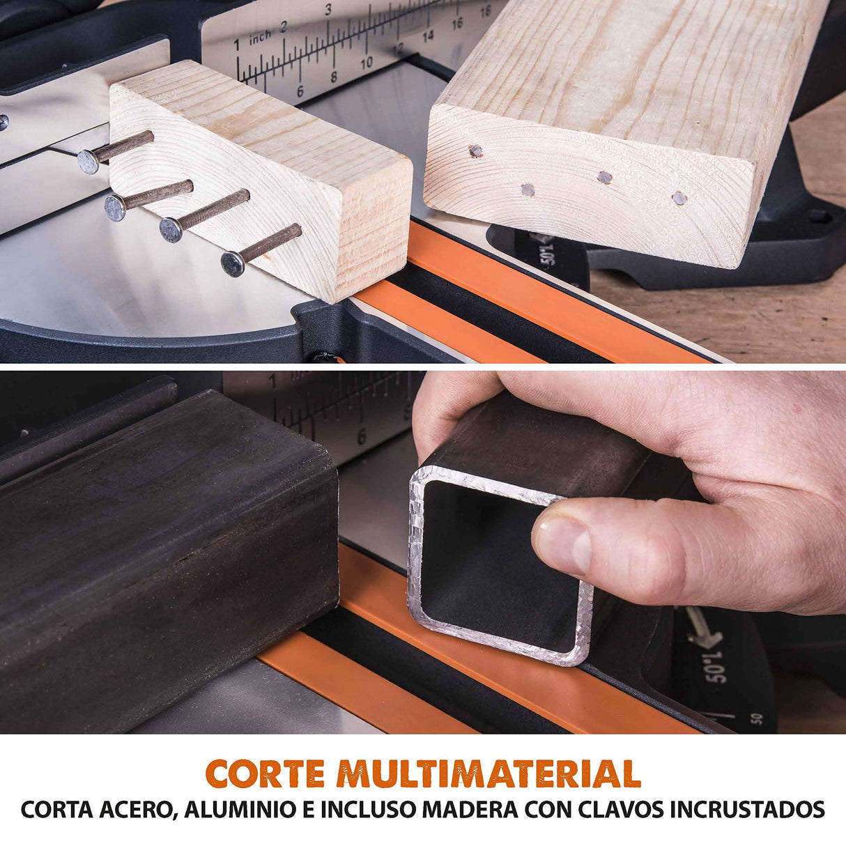 Evolution Power Tools R255SMS Sierra ingletadora Deslizante multimaterial, con Paquete Plus, Corta acero dulce, aluminio, plástico, madera con clavos incrustados 230 V, 255 mm