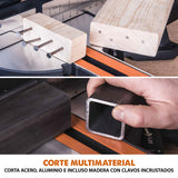 Evolution Power Tools R255SMS Sierra ingletadora Deslizante multimaterial, con Paquete Plus, Corta acero dulce, aluminio, plástico, madera con clavos incrustados 230 V, 255 mm