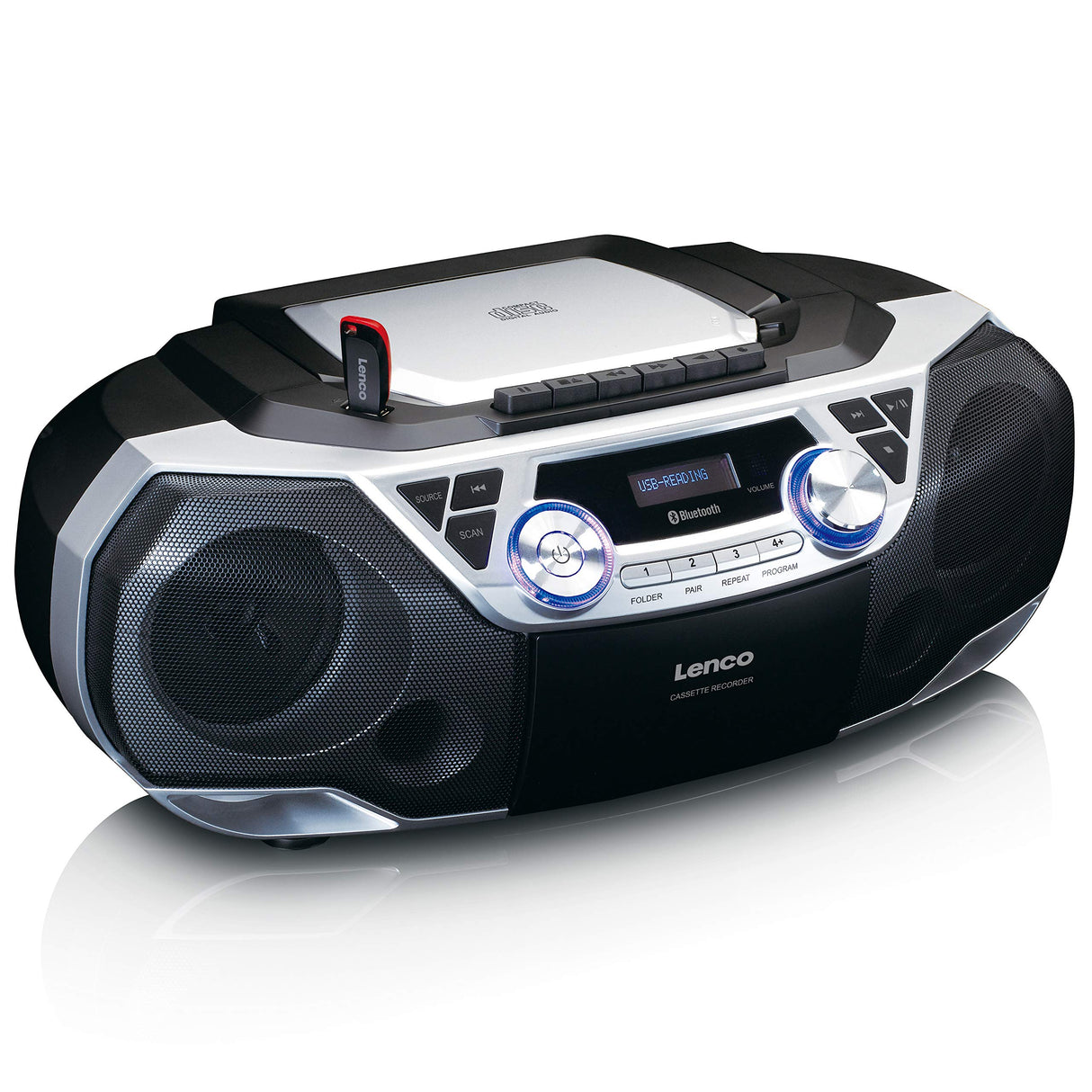 Lenco SCD-120SI - Boombox - Bluetooth 5.0 - Toploader Reproductor de CD/MP3 - Pletina de Casete - Radio FM - USB - 2 x 6 W RMS - Bass Reflex - Mando a Distancia - Plata
