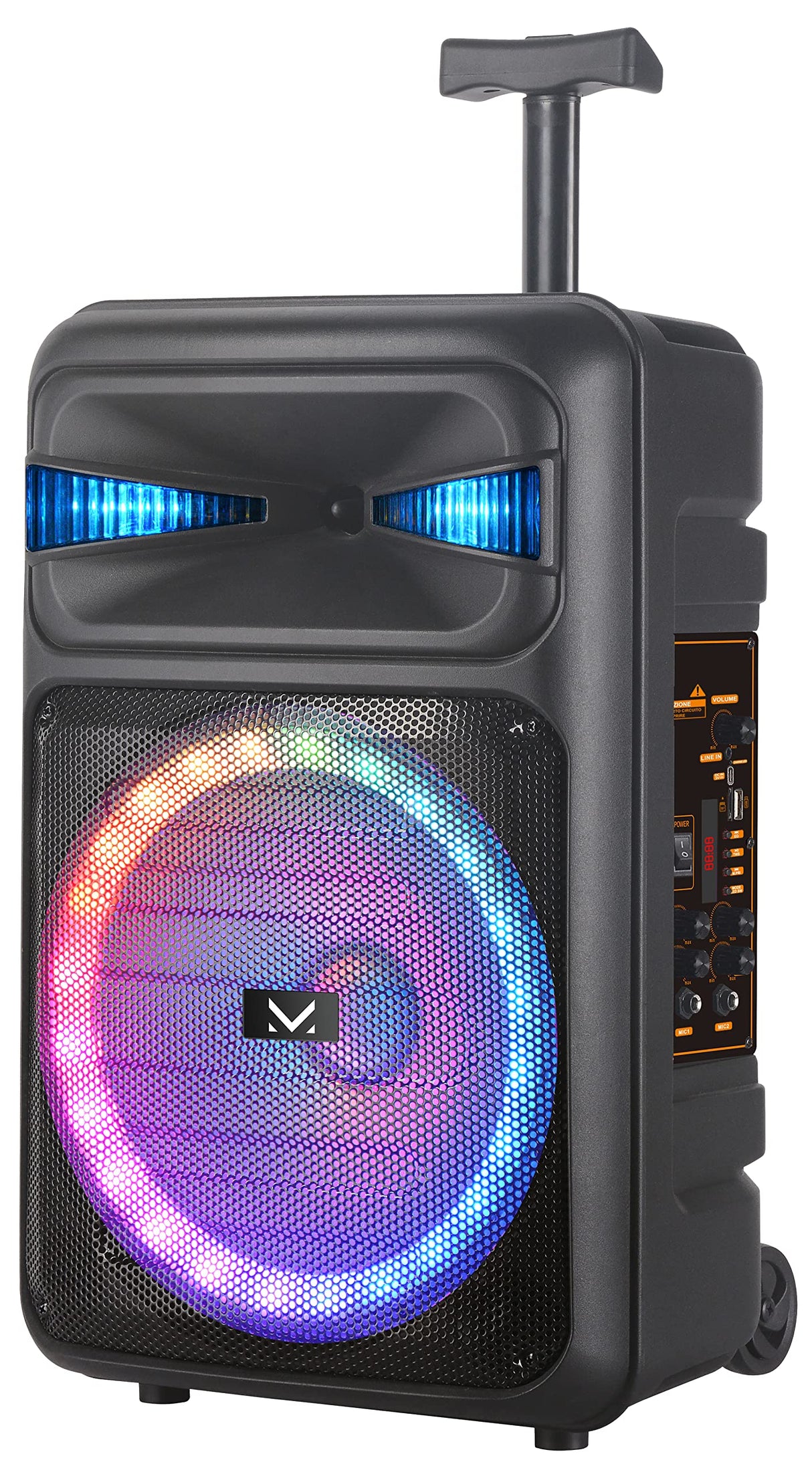 Majestic Fire T5 - Trolley Bluetooth 5.0, Luces LED Multicolor, entradas USB/MicroSD/AUX-IN/Mic, Micrófono, Mando a Distancia, Batería Recargable, Función TWS, Asa y Ruedas de Transporte
