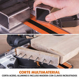 Evolution Power Tools R210SMS+ Ingletadora deslizante multimaterial de 210 mm, con paquete Plus, Corta acero dulce, aluminio, plástico, madera con clavos incrustados, 230 V