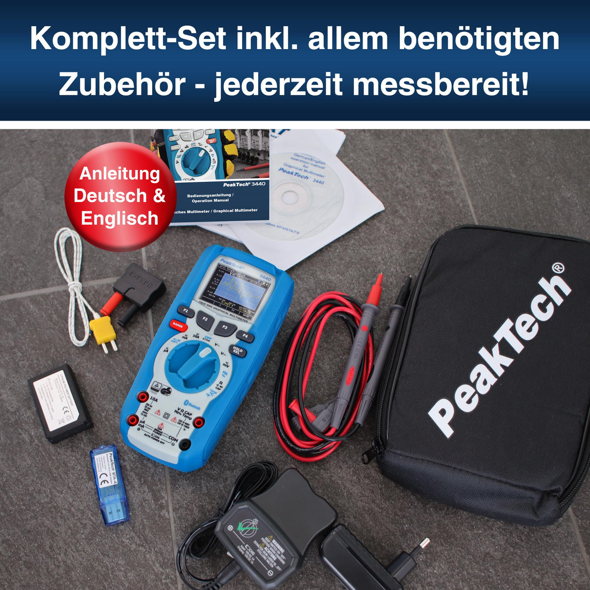 PeakTech 3440 - Multímetro Digital Rms con 4.0 Bluetooth y Pantalla Gráfica, 50000 Cuentas, Portátil Profesional, Tuv / Gs, Rango Automático Medidor de Voltaje, Probador de Continuidad - Cat III 1000V