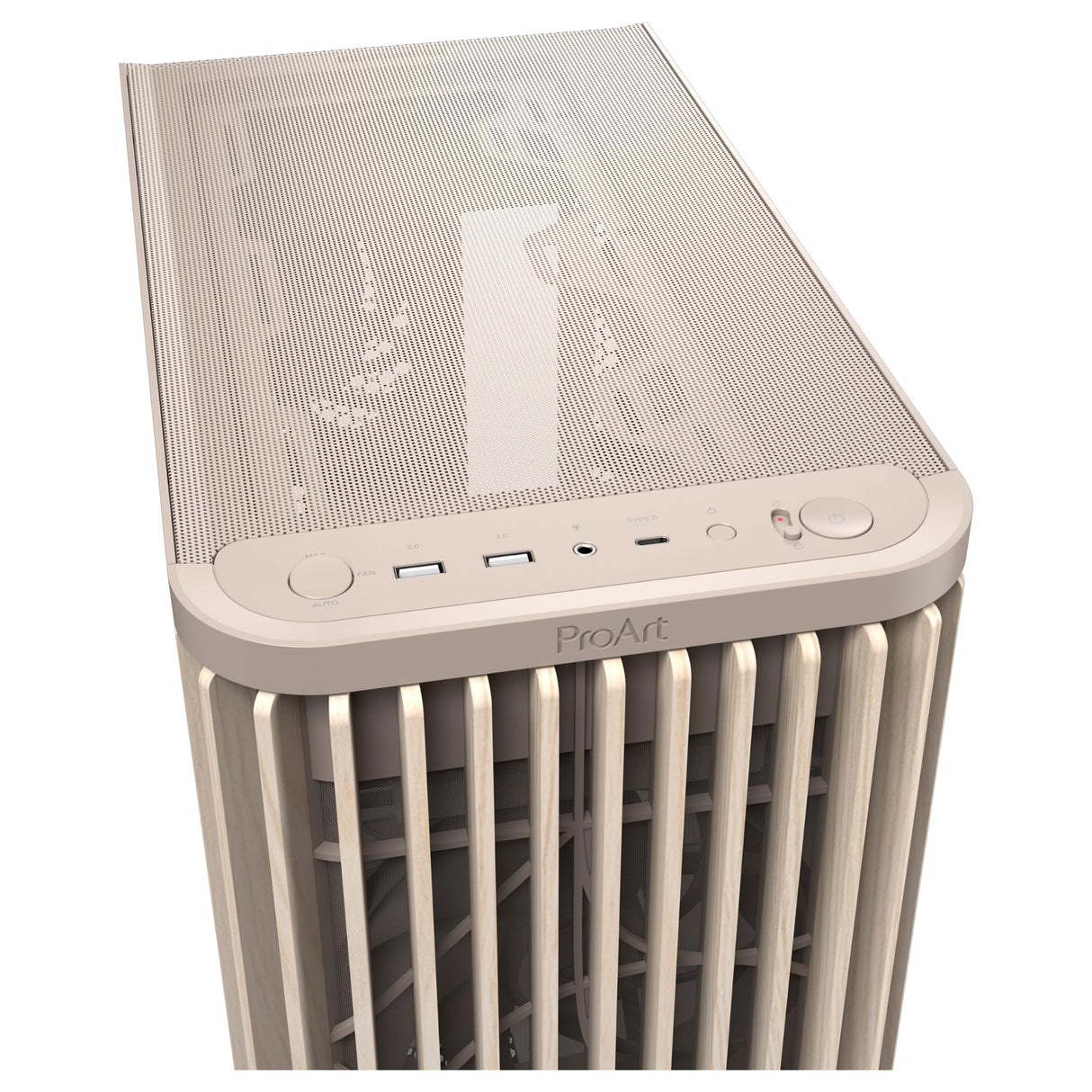 ASUS ProArt PA401 Wood Edition - Chasis ATX con Panel de Metal, Compatible con GPU de 314mm, Compatible con radiadores de 240 mm, Dos Ventiladores de 160mm, Soporte de PSU extraíble - Beige