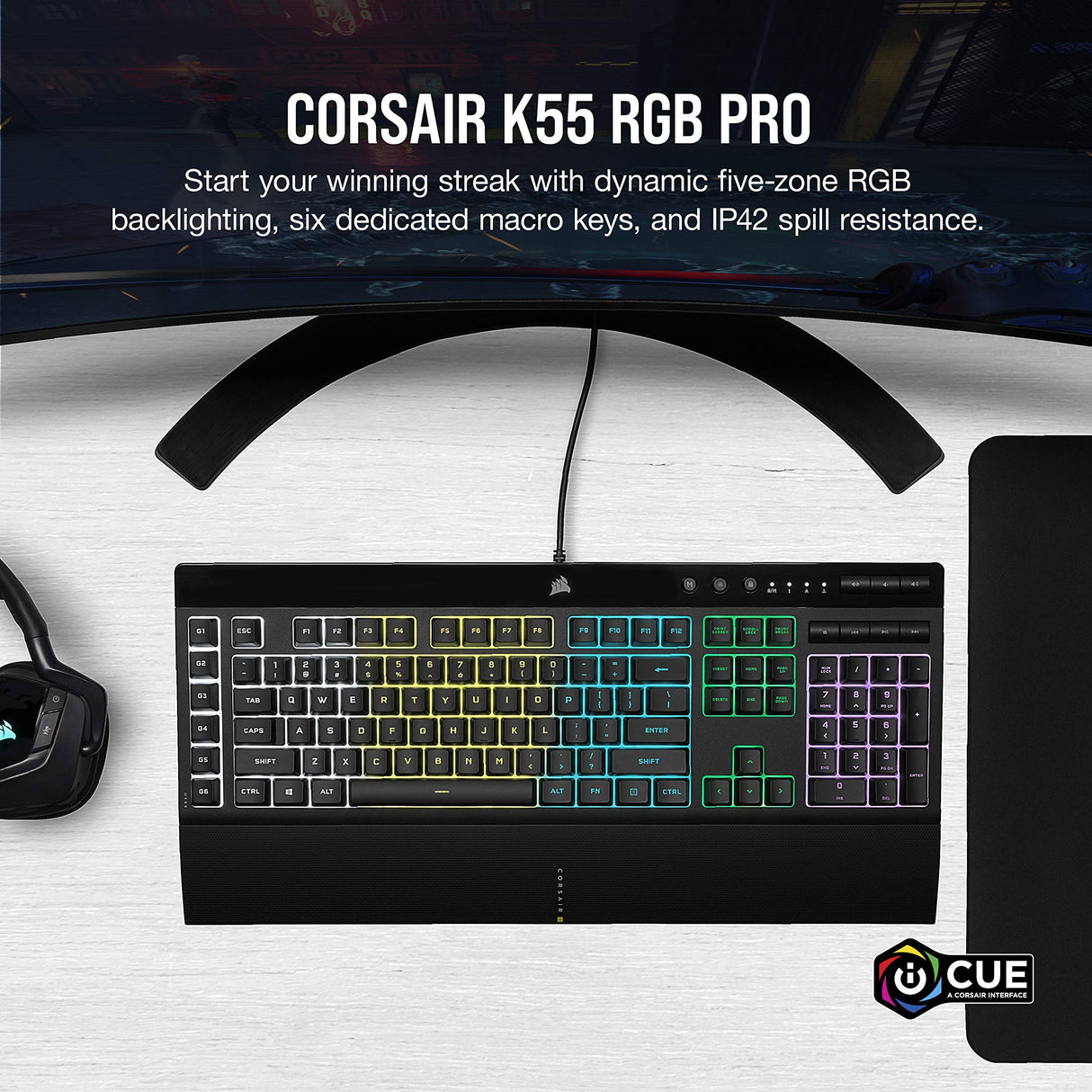 Corsair K55 RGB Pro Membrana Teclado para Juegos con Cable, IP42, Resistente al Polvo y a los derrames, 6 Teclas Macro con integración Elgato, Compatible con iCUE, QWERTY UK, PC, Mac, Xbox, Color