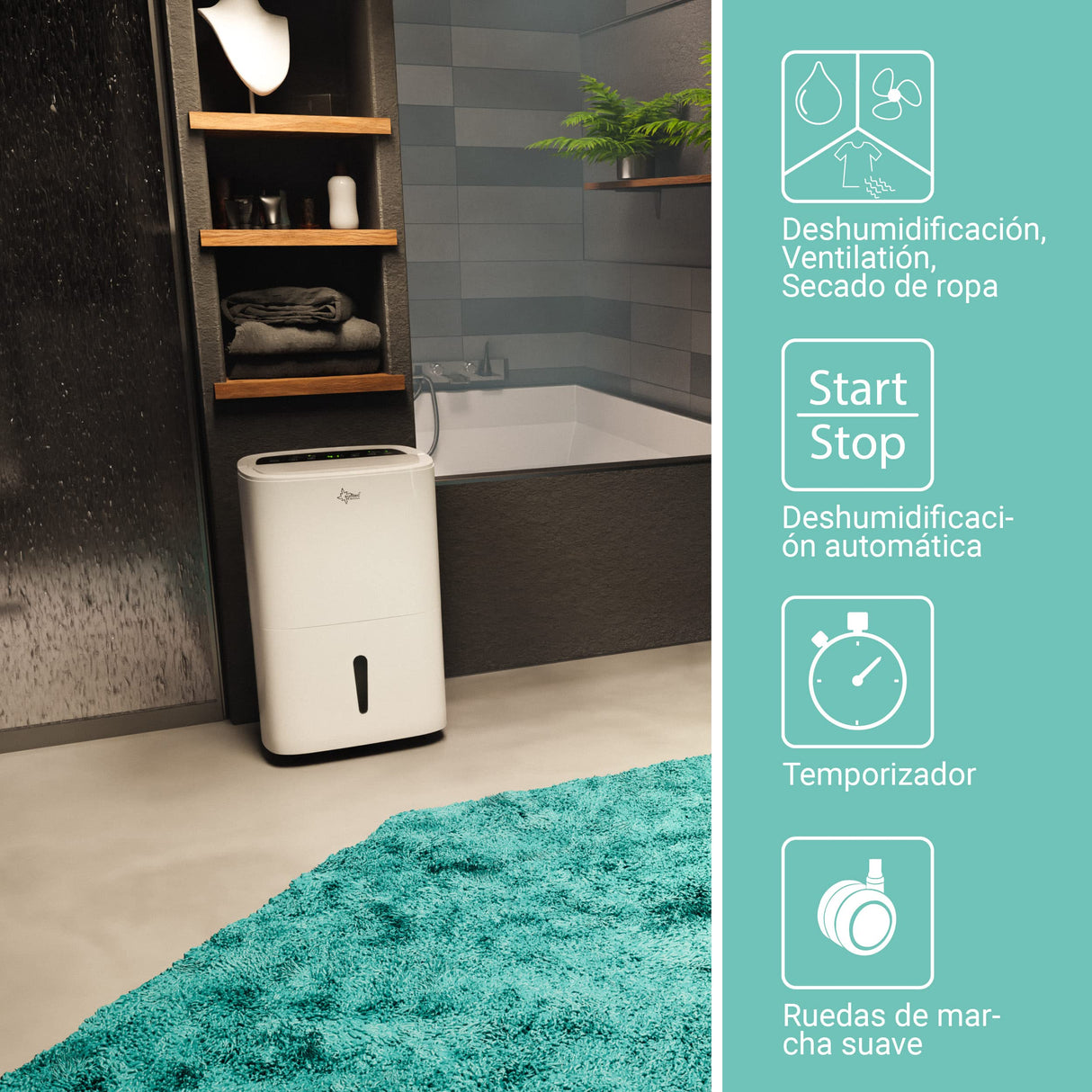 Deshumidificador SUNTEC DryFix 50 select APP - Para habitaciones de hasta 180 m2 o 450 m3 - con control por app - Deshumidificador de habitaciones Smart Home con deshumidificación de 50 l/día