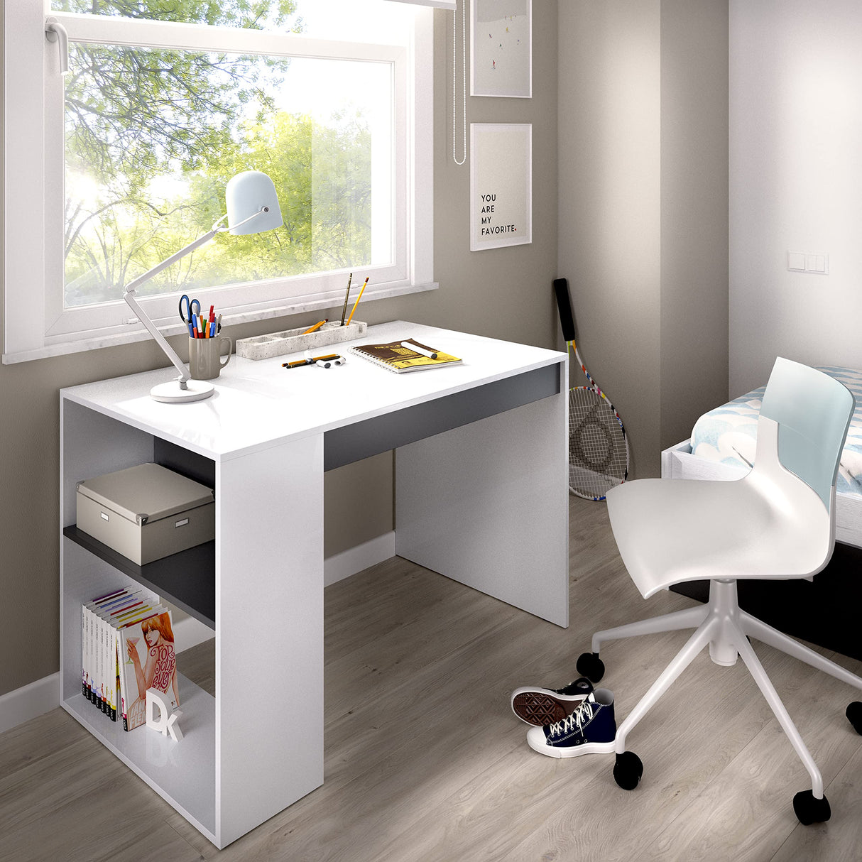 DEKIT GRUPO RIMOBEL TEO - Mesa escritorio con estante y cajón - BLANCO / GRAFITO - 74 x 115 x 50
