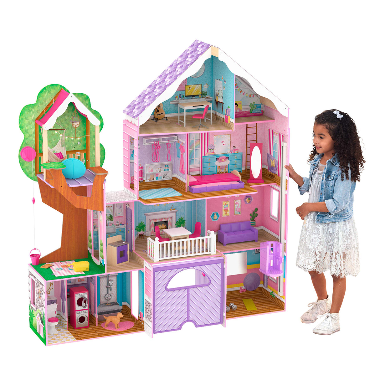KidKraft Treehouse Retreat Casa de Muñecas de Madera con Muebles y Accesorios, Casita de Juguete con Perro, Garaje y Ascensor para muñecas de 30 cm, Juguetes niños y niñas Desde 3 años (10108)