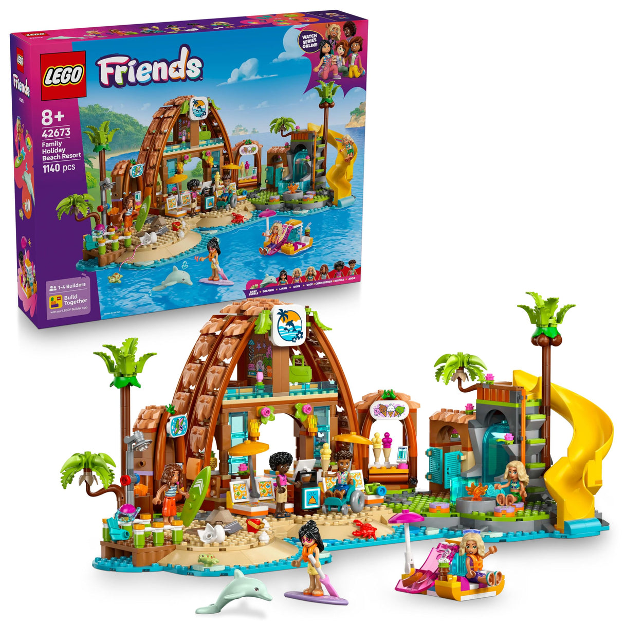 LEGO Friends Hotel de Vacaciones Familiares en la Playa - Juguete con 6 Mini Muñecas, Figuras de Animales (Tortuga y Delfín), Heladería y Accesorios - Regalo para Niñas de 8+ Años 42673