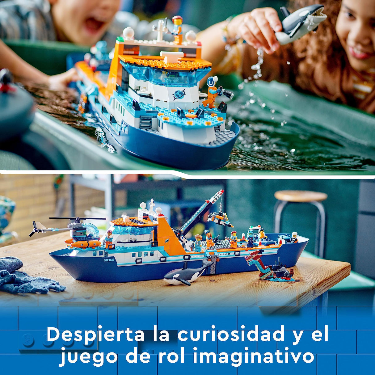 LEGO 60368 City Barco Explorador del Ártico, Barco Grande de Juguete Que Flota con Helicóptero, Sub, Naufragio Vikingo, Minifiguras y una Figura de Orca, Regalo para Niños y Niñas de 7 Años o Más