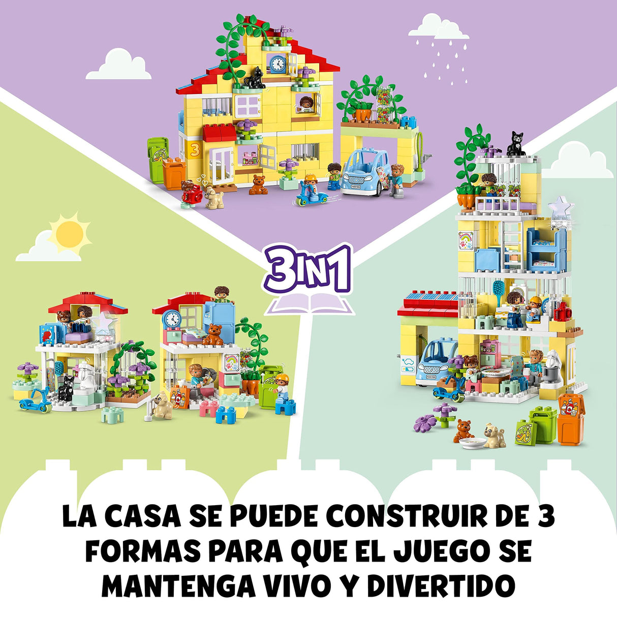 LEGO Duplo Casa Familiar 3en1, Juego Educativo Casa de Muñecas, Juguete para Niñas y Niños de 3 Años o Más, Coche de Juguete, 3 Maneras de Construir, 5 Figuras, 2 Animales, Regalos Niños 10994
