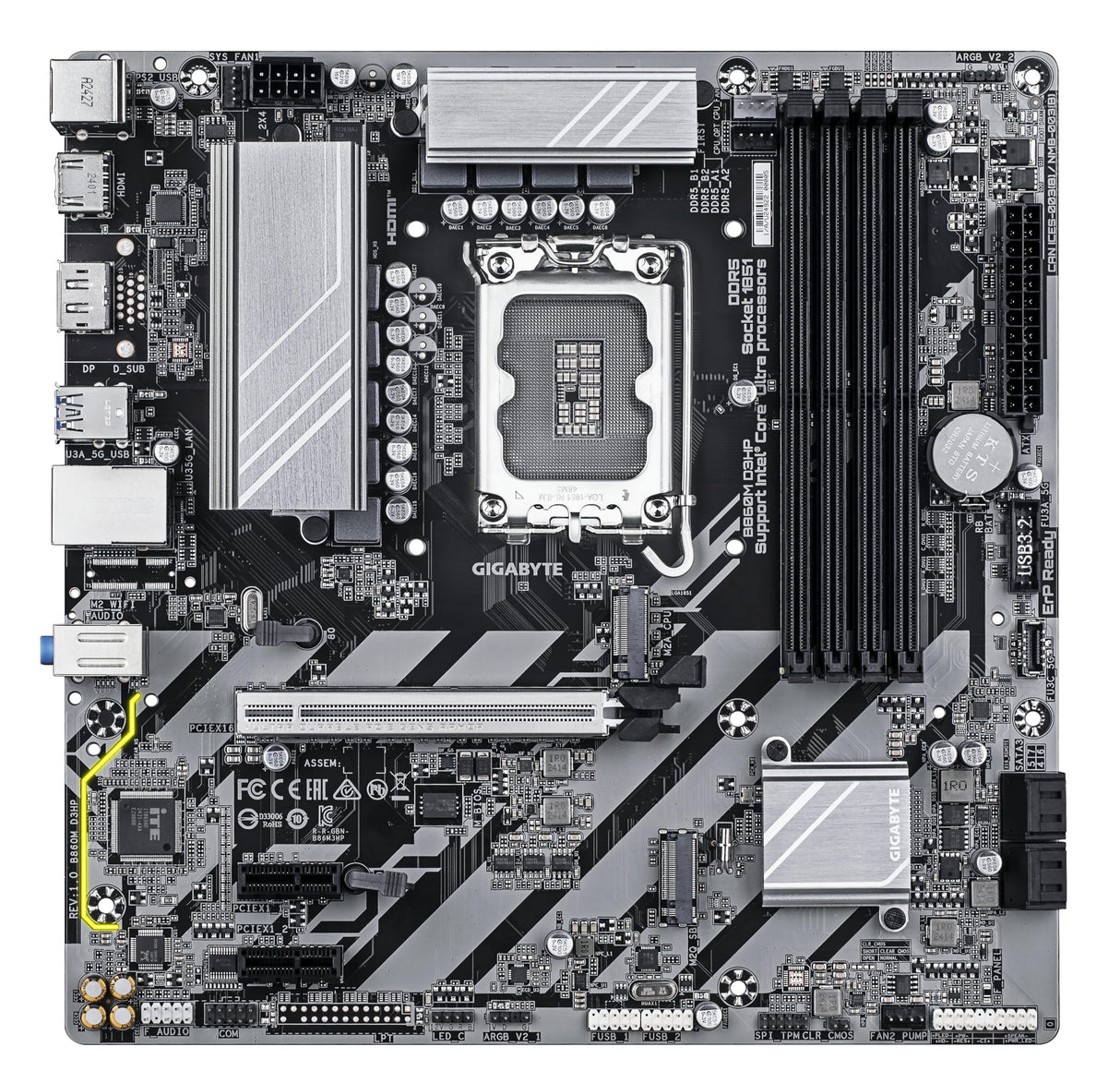 GIGABYTE B860M D3HP Placa Base - CPUs Intel Core Ultra, VRM de 4+1+2+1 Fases, hasta 9066MHz DDR5, 2xPCIe 4.0 M.2, LAN GbE, USB 3.2 Gen 1