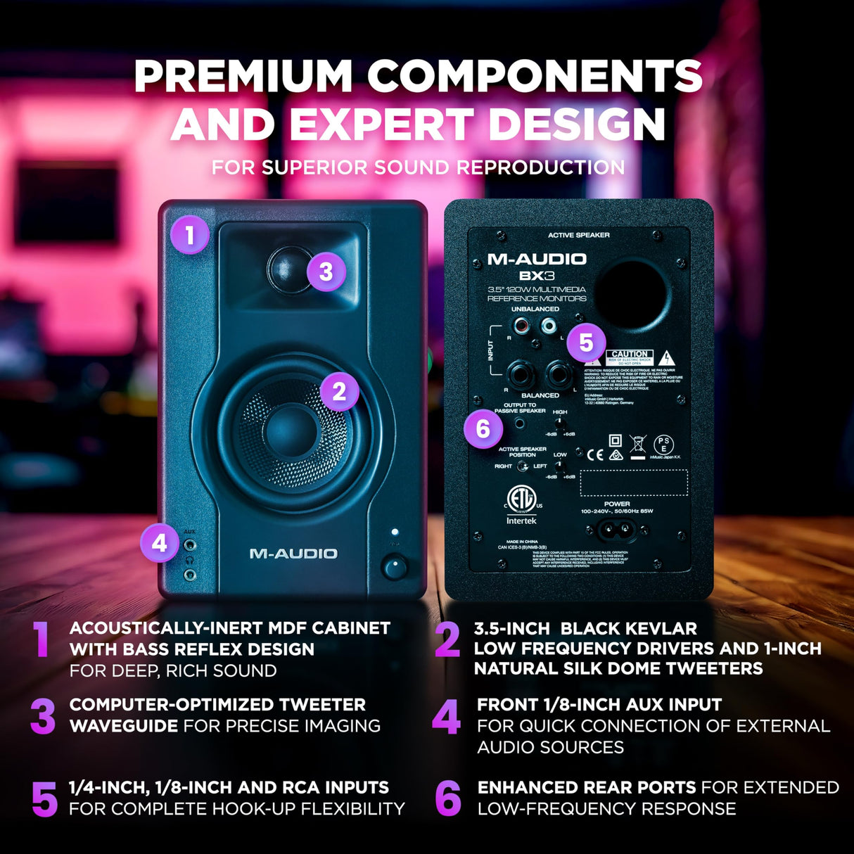 M-AUDIO BX3 Par 3.5" 120W Monitores de Estudio, Altavoces Autoamplificados para PC para videojuegos, producción musical, transmisiones en directo, podcast