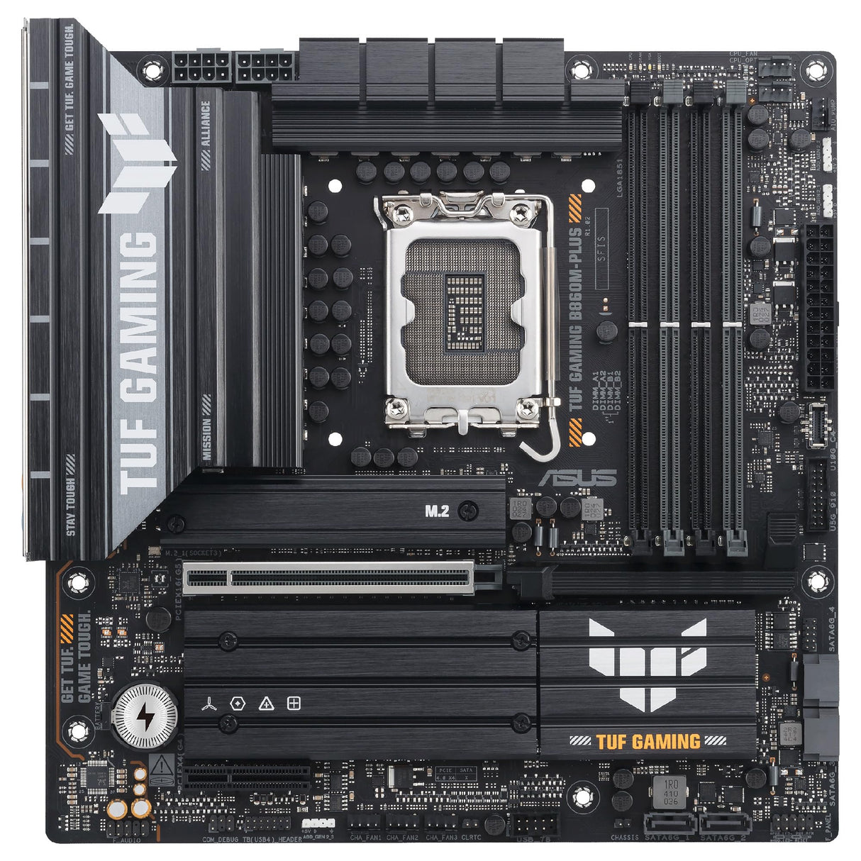 ASUS TUF Gaming B860M-PLUS, Placa Base Intel mATX, 12+1+2+1 etapas de alimentación DrMOS 80A, DDR5, PCIe 5.0, 3 Ranuras M.2, Realtek 2.5Gb Ethernet, DisplayPort, HDMI, USB 20Gbps Tipo-C