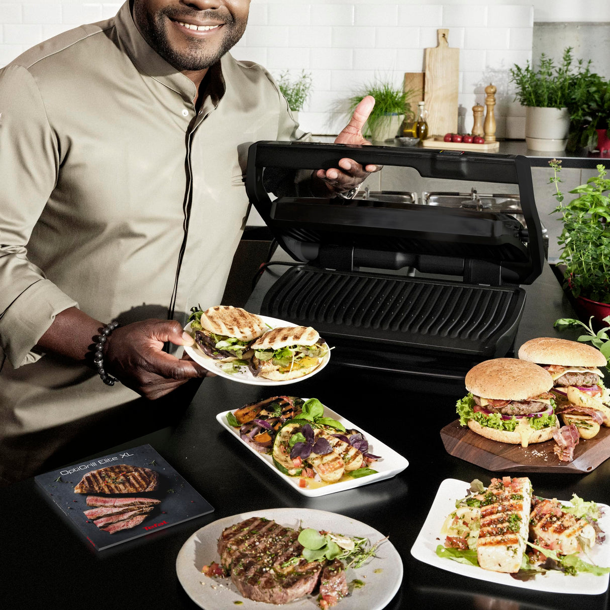 Tefal OptiGrill Elite XL GC760812 - Barbacoa de contacto con 16 programas, pantalla digital con indicador de cocción, placas XL desmontables, parrilla eléctrica, color negro