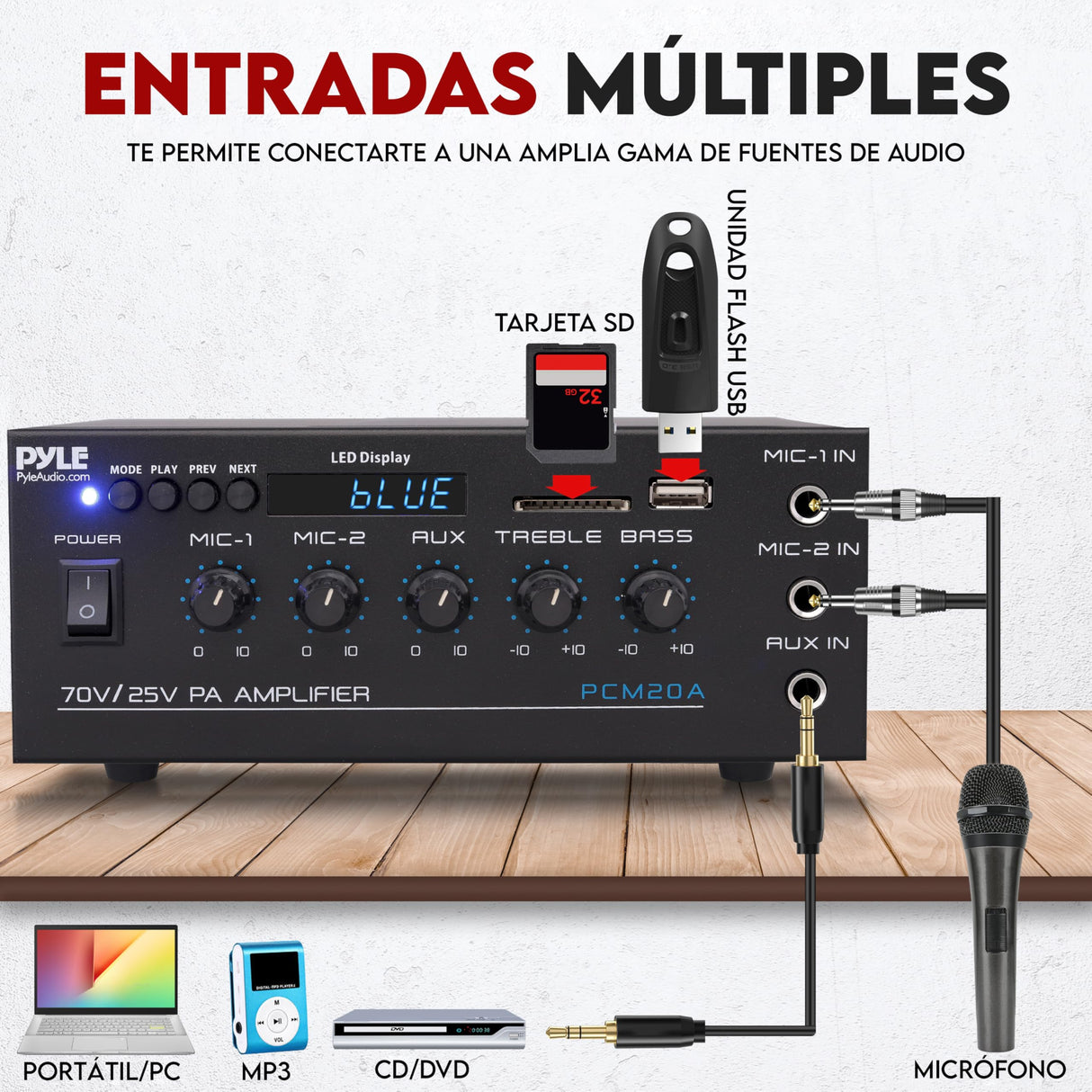Pyle Sistema Amplificador de Potencia de Audio, Inalambrico, Estereo, Potencia Maxima de 200V, USB, SD, AUX, Entrada de microfono para Karaoke, Radio, Pantalla LCD, RCA