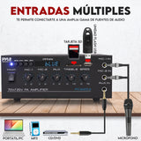 Pyle Sistema Amplificador de Potencia de Audio, Inalambrico, Estereo, Potencia Maxima de 200V, USB, SD, AUX, Entrada de microfono para Karaoke, Radio, Pantalla LCD, RCA