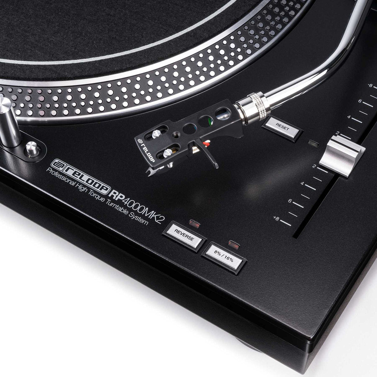 Reloop RP-4000 MK2 - Plato Giratorio de Cuarzo para DJ con accionamiento Directo de Alto par, Incluye Plato, Sistema de Toma OM Black, Casco, Alfombra de Deslizamiento y contrapeso, Negro