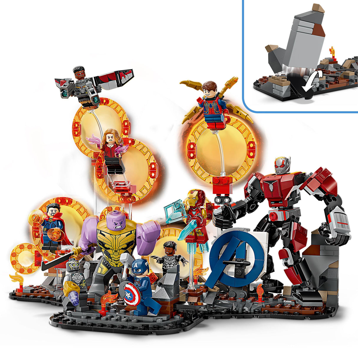 LEGO Marvel Batalla Final de Vengadores: Endgame, Juguete de Superhéroes, Figura de Thanos, Meca de Ant-Man y Minifiguras de Iron Man, Capitán América y Black Panther, Regalo para Niños y Niñas 76323